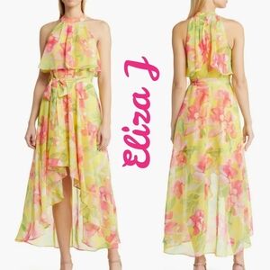 Eliza J Womens Watercolor Floral Hi Lo Hem Dress Sz 2 Yellow & Pink Halter